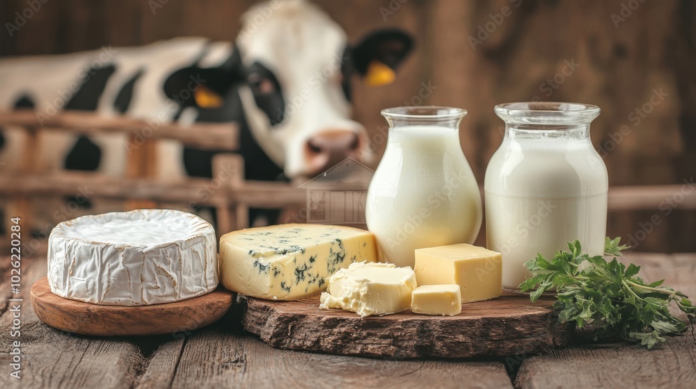 Fresh dairy products like milk, butter, and cheese arranged on a rustic wooden table, with a grazing cow and wooden fence in the background. Fresh dairy products like milk, butter, and cheese arranged on a rustic wooden table, with a grazing cow and wooden fence in the background.