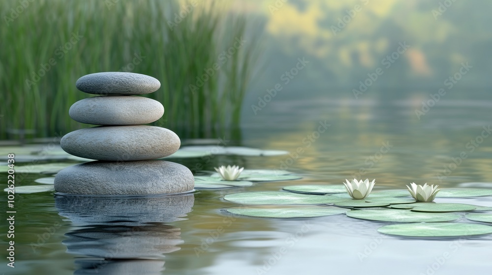 Obraz premium Stacked Stones and Water Lilies in a Serene Pond