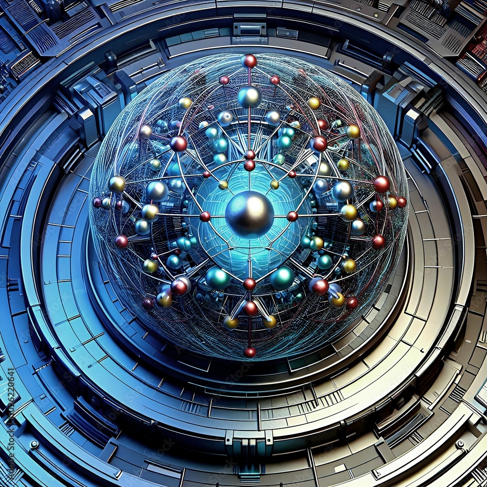 Naklejka premium high tech spherical chip, futuristic technology background texture with complex shapes
