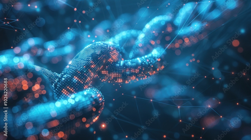 Glowing digital blockchain chain with blue and orange connections in a network space. symbolizes innovation, technology, and secure data transfer in digital networks. Glowing digital blockchain chain with blue and orange connections in a network space. symbolizes innovation, technology, and secure data transfer in digital networks.