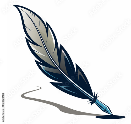 Vector illustration of stationery writing Feather and Ink pen signature, silhouette bird feather Ink quill pen writing curves, and icon.