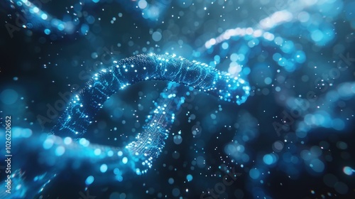 Glowing blue dna strands float on a dark, out-of-focus background. genetic research and biotechnology insights.