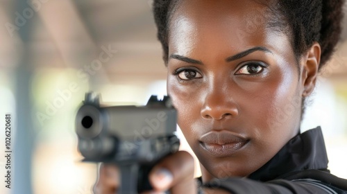 Young dark skin woman on tactical gun training classes 