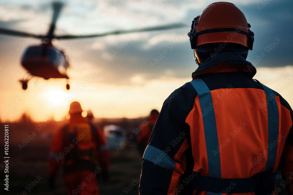 A dramatic sunset backdrop highlights rescue workers preparing for a helicopter mission, showcasing bravery and dedication in emergency situations. A dramatic sunset backdrop highlights rescue workers preparing for a helicopter mission, showcasing bravery and dedication in emergency situations.