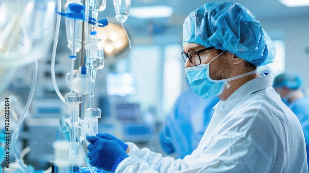 Focused medical professional in sterile lab handling iv equipment amidst technology. Medical research, sterile environment, and innovative healthcare. Focused medical professional in sterile lab handling iv equipment amidst technology. Medical research, sterile environment, and innovative healthcare.