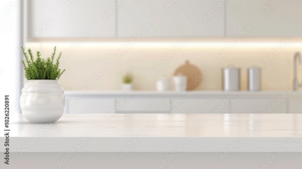 Minimalist kitchen with sleek white countertops and a small plant in a ceramic pot. home decor, modern design, and serene living environment. Minimalist kitchen with sleek white countertops and a small plant in a ceramic pot. home decor, modern design, and serene living environment.
