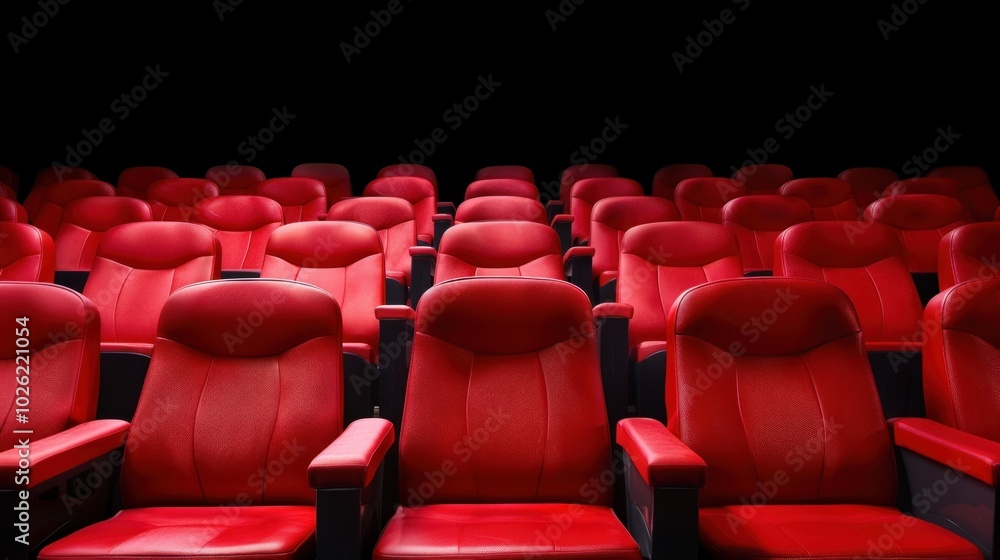 Obraz premium Rows of empty red seats in a darkened theater evoke anticipation and suspense. perfect for concepts of entertainment, performance arts, and movie-going experiences.