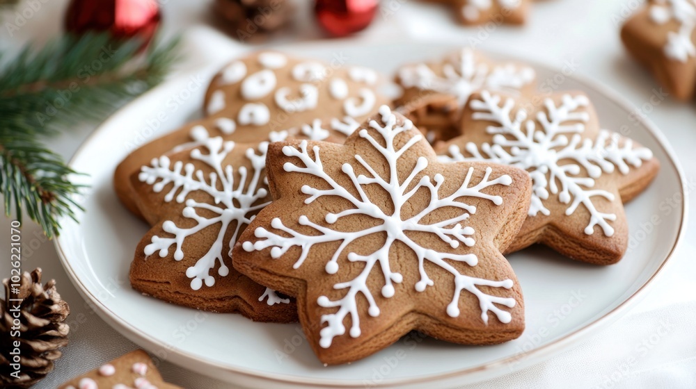 Gingerbread cookies, intricately decorated with icing, displayed on a white plate with festive garnishes, creating a warm and inviting holiday scene. Gingerbread cookies, intricately decorated with icing, displayed on a white plate with festive garnishes, creating a warm and inviting holiday scene.
