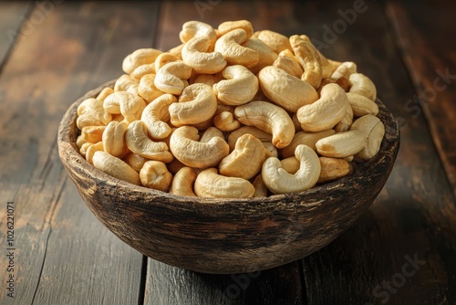 A bowl filled with raw cashew nuts, showcasing their natural shape and texture, ideal for cooking or snacking.