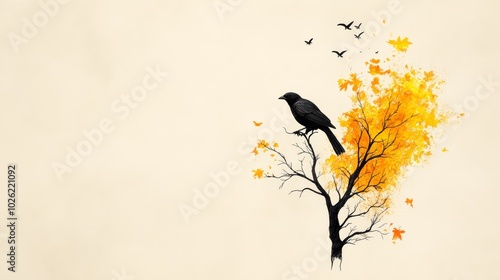A black bird perched on a leafless tree with vibrant autumn leaves.