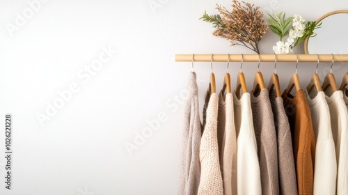 Stylish clothing displayed on hangers with decorative plants on a minimalist background.