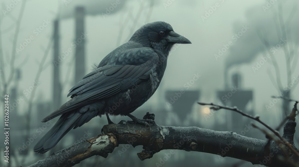 Dark crow perched on frosty branch with industrial landscape in background. symbolizes nature versus industry and environmental awareness. Dark crow perched on frosty branch with industrial landscape in background. symbolizes nature versus industry and environmental awareness.