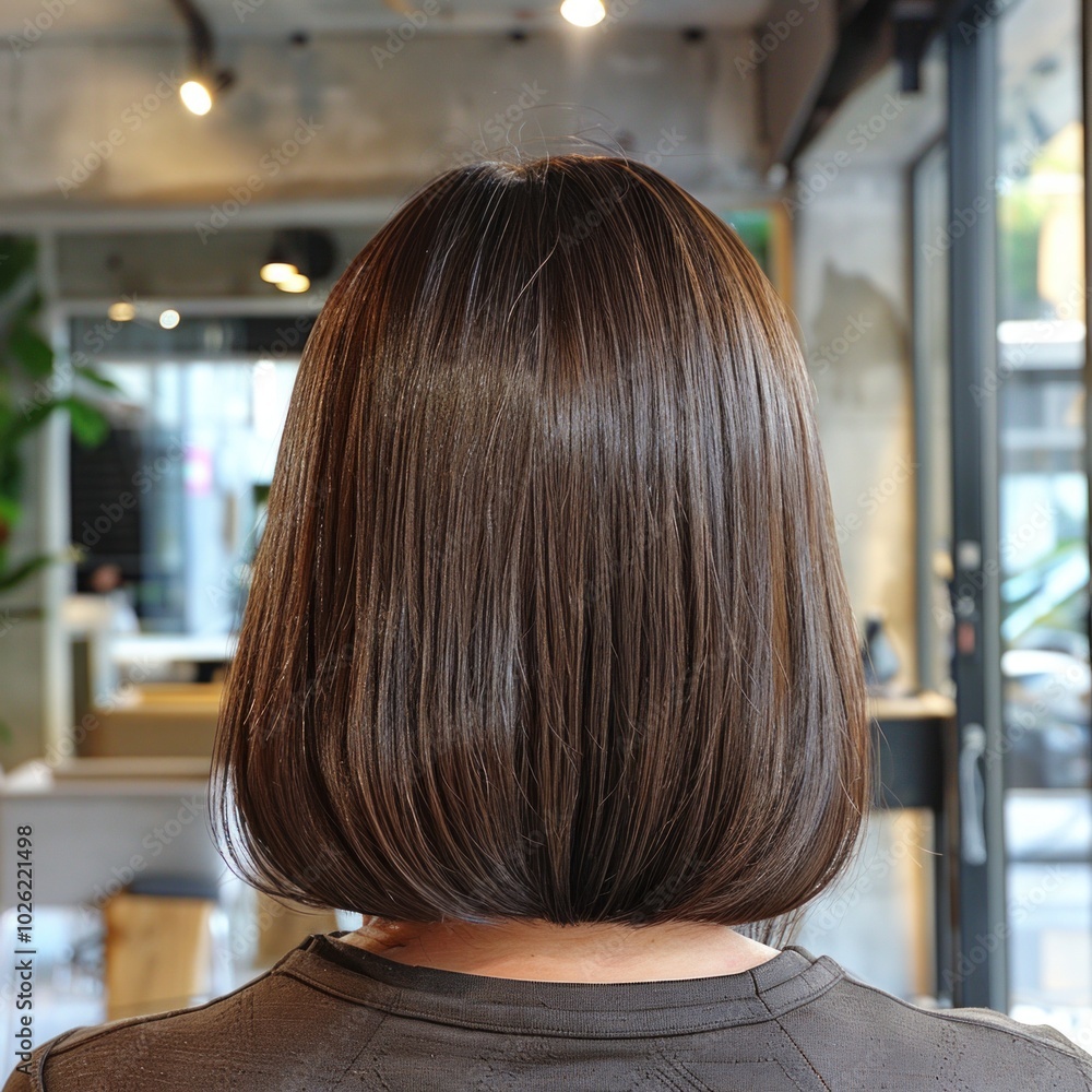 Sleek bob haircut on woman in urban salon with modern decor and natural light. fashion, style, and contemporary hair trends. Sleek bob haircut on woman in urban salon with modern decor and natural light. fashion, style, and contemporary hair trends.