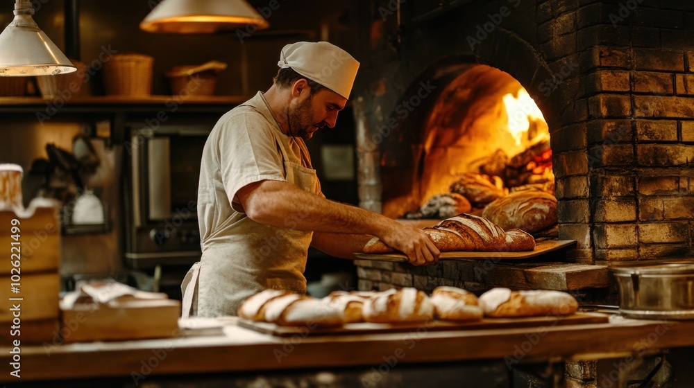In a rustic bakery, a baker uses a long paddle to place loaves of bread into a brick oven, with warm lighting highlighting the artisanal process. In a rustic bakery, a baker uses a long paddle to place loaves of bread into a brick oven, with warm lighting highlighting the artisanal process.