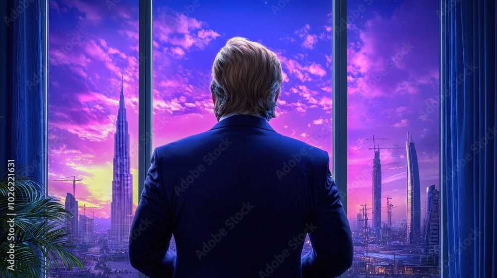 From behind, an investor surveys a vast construction site from a balcony, watching as skyscrapers rise. From behind, an investor surveys a vast construction site from a balcony, watching as skyscrapers rise.