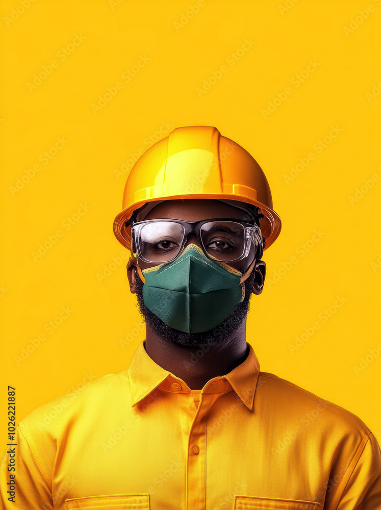 A professional worker wearing a yellow safety helmet, protective goggles, and a green face mask against a vibrant yellow background, emphasizing importance of safety in the workplace. A professional worker wearing a yellow safety helmet, protective goggles, and a green face mask against a vibrant yellow background, emphasizing importance of safety in the workplace.