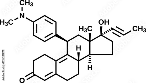 Mifepristone structural formula, vector illustration