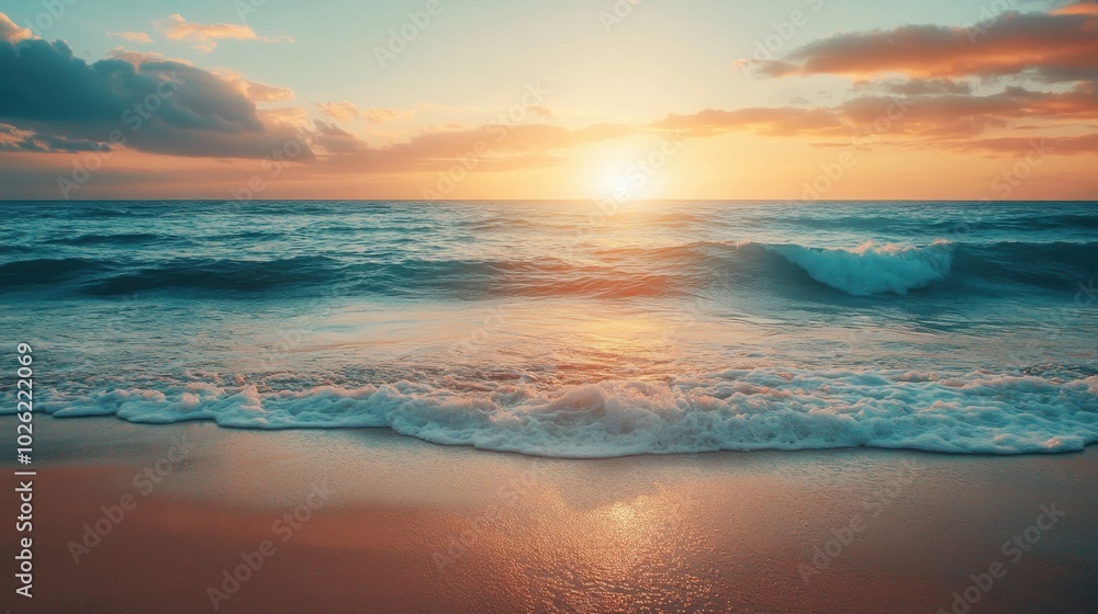 Serene beach scene at sunset, with golden sands and gentle waves illuminated by the vibrant hues of the setting sun in a panoramic view. Serene beach scene at sunset, with golden sands and gentle waves illuminated by the vibrant hues of the setting sun in a panoramic view.