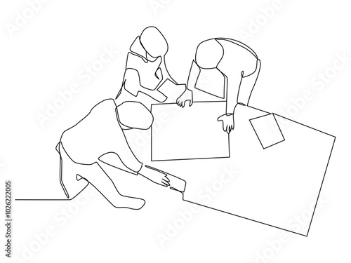 One continuous line drawing of young construction coordinator discussing construction design plan to team member, Single line draw design graphic illustration.