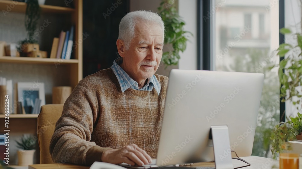 Elderly man using computer for online shopping, modern home, clean layout, copy space Elderly man using computer for online shopping, modern home, clean layout, copy space