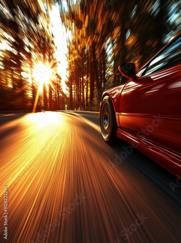 Experience the thrill of speed as a sleek red car races down a sunlit road, surrounded by a stunning backdrop of golden sunlight and vibrant trees. photo