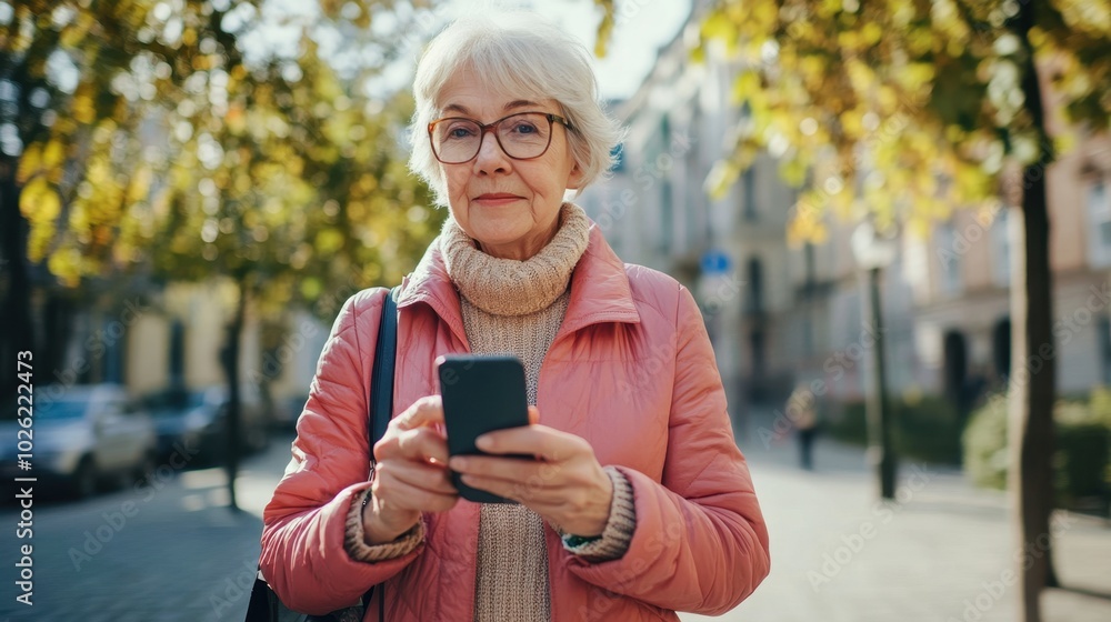 Elderly woman using smartphone for navigation, bright day, clean background, copy space Elderly woman using smartphone for navigation, bright day, clean background, copy space
