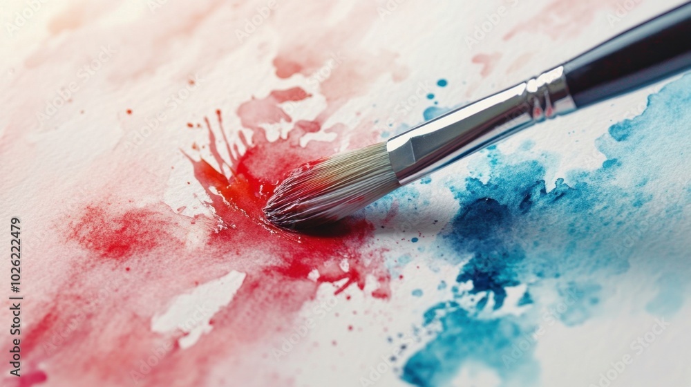 Fototapeta premium close-up of a watercolor brush with a splash of paint on a white palette soft shadows minimalist composition ideal for art-related content and hobby blogs.