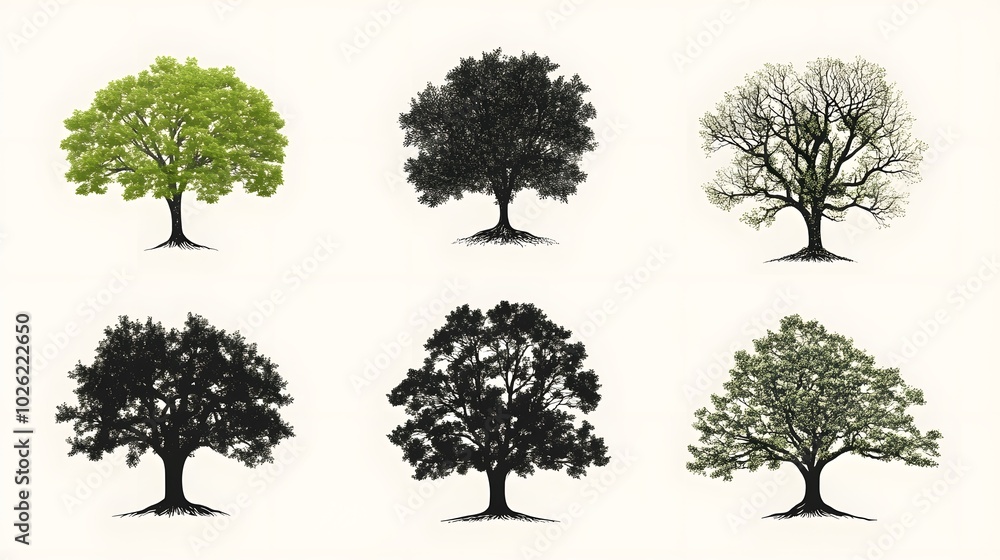 Fototapeta premium Six Stylized Drawings of a Tree in Various Stages of Growth
