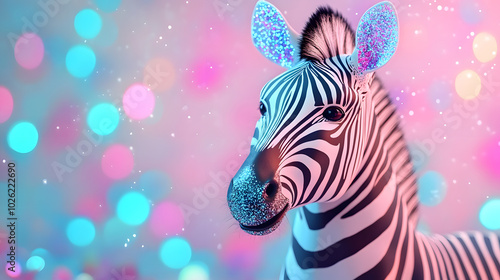 Stylish zebra in disco attire poses against a backdrop of neon lights and glitter.