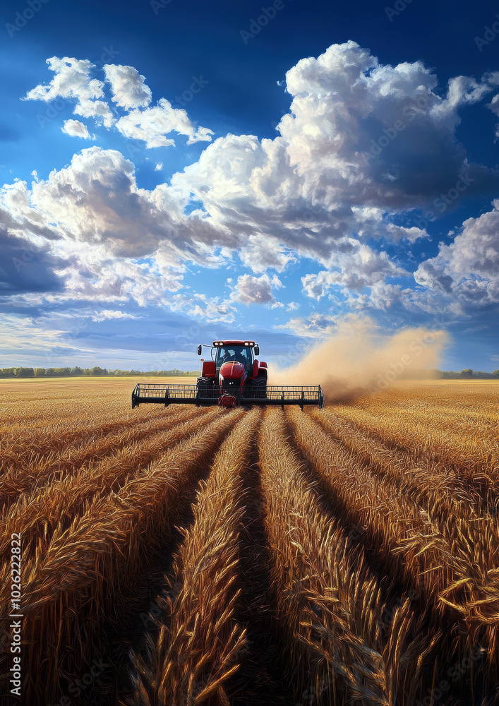 A tractor works diligently in a golden wheat field under a vast blue sky, showcasing the beauty of agricultural life and the hard work involved in harvesting. A tractor works diligently in a golden wheat field under a vast blue sky, showcasing the beauty of agricultural life and the hard work involved in harvesting.