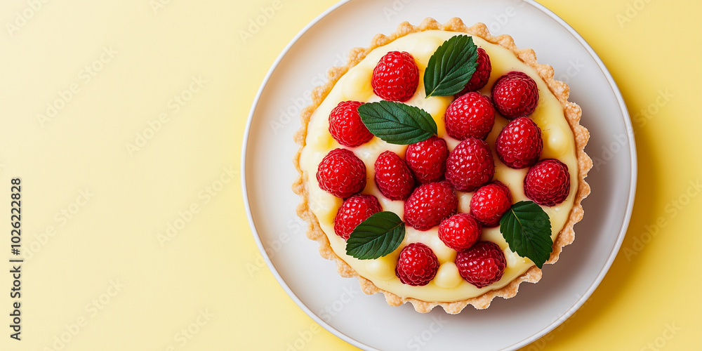 Delicious raspberry tart with creamy filling and fresh mint leaves on a white plate against a yellow background. Delicious raspberry tart with creamy filling and fresh mint leaves on a white plate against a yellow background.
