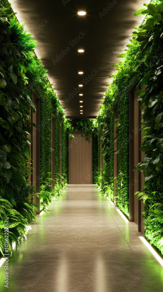 A stunning hallway adorned with vibrant greenery and soft lighting, blending nature and design harmoniously, creating a calming atmosphere that invites exploration. A stunning hallway adorned with vibrant greenery and soft lighting, blending nature and design harmoniously, creating a calming atmosphere that invites exploration.