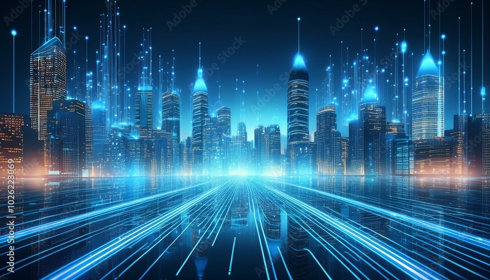 a futuristic city skyline illuminated by blue lights showcasing digital connectivity and advanced architecture at night a futuristic city skyline illuminated by blue lights showcasing digital connectivity and advanced architecture at night