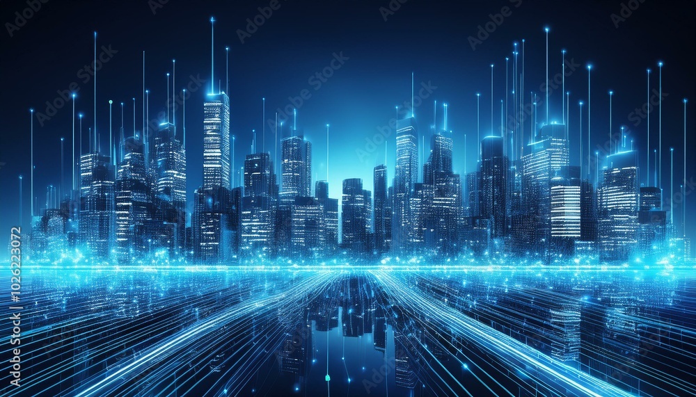 a futuristic city skyline illuminated by blue lights showcasing digital connectivity and advanced architecture at night a futuristic city skyline illuminated by blue lights showcasing digital connectivity and advanced architecture at night
