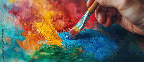 Hand painting vibrant colors on canvas with a brush.