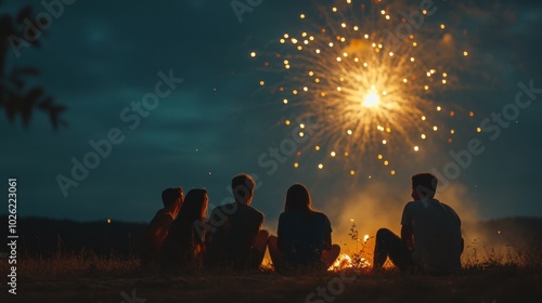 Group of friends enjoying fireworks, night setting, clean background, minimal elements