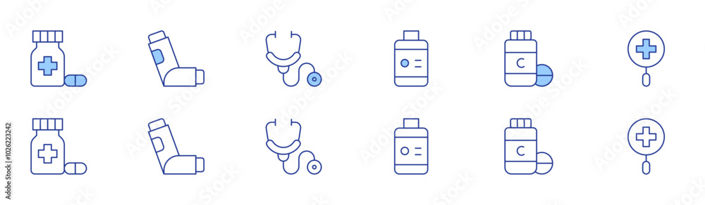 Pharmacy icon set in two styles, Duotone and Thin Line style. Editable stroke. medicine, inhaler, vitamins, stethoscope, health Pharmacy icon set in two styles, Duotone and Thin Line style. Editable stroke. medicine, inhaler, vitamins, stethoscope, health