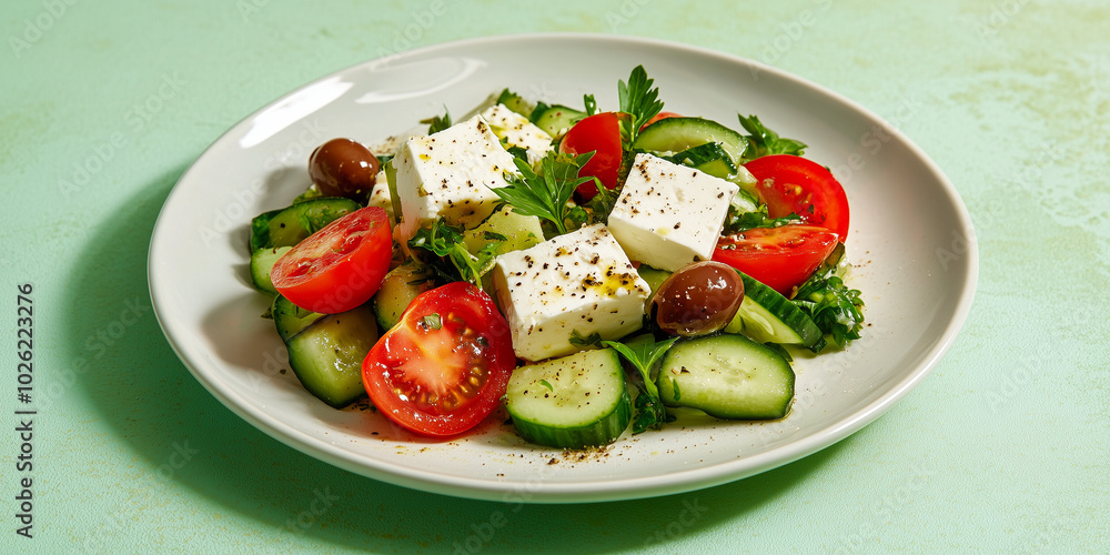 Fresh Greek salad with feta cheese, tomatoes, cucumbers, and olives on a white plate. Fresh Greek salad with feta cheese, tomatoes, cucumbers, and olives on a white plate.