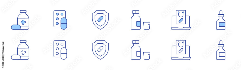 Pharmacy icon set in two styles, Duotone and Thin Line style. Editable stroke. syrup, buy online, medicine, drug, dropper, shield Pharmacy icon set in two styles, Duotone and Thin Line style. Editable stroke. syrup, buy online, medicine, drug, dropper, shield