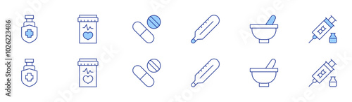 Pharmacy icon set in two styles, Duotone and Thin Line style. Editable stroke. protection, thermometer, pill, medicine, mortar, stem cells