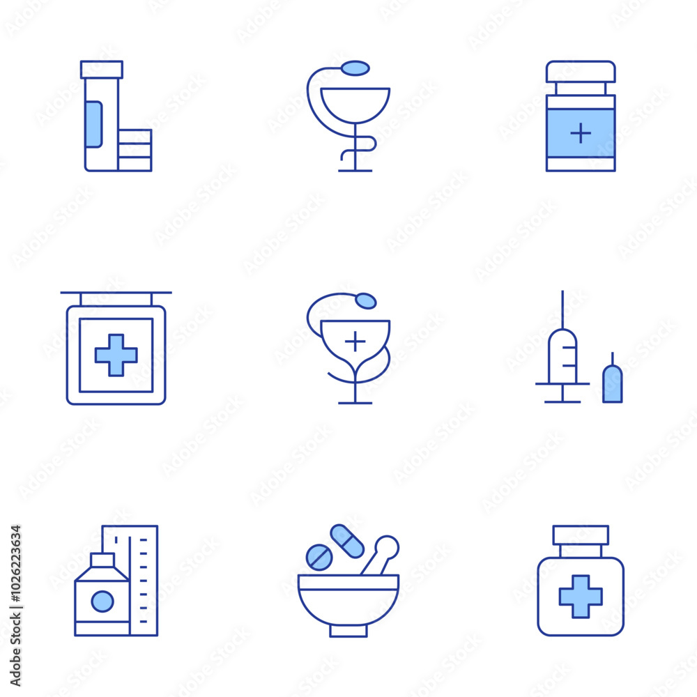 Pharmacy icons set. Line Duotone style, editable stroke. mortar, hygeia, insulin, medicine, pills, signpost, effervescent, drugs Pharmacy icons set. Line Duotone style, editable stroke. mortar, hygeia, insulin, medicine, pills, signpost, effervescent, drugs