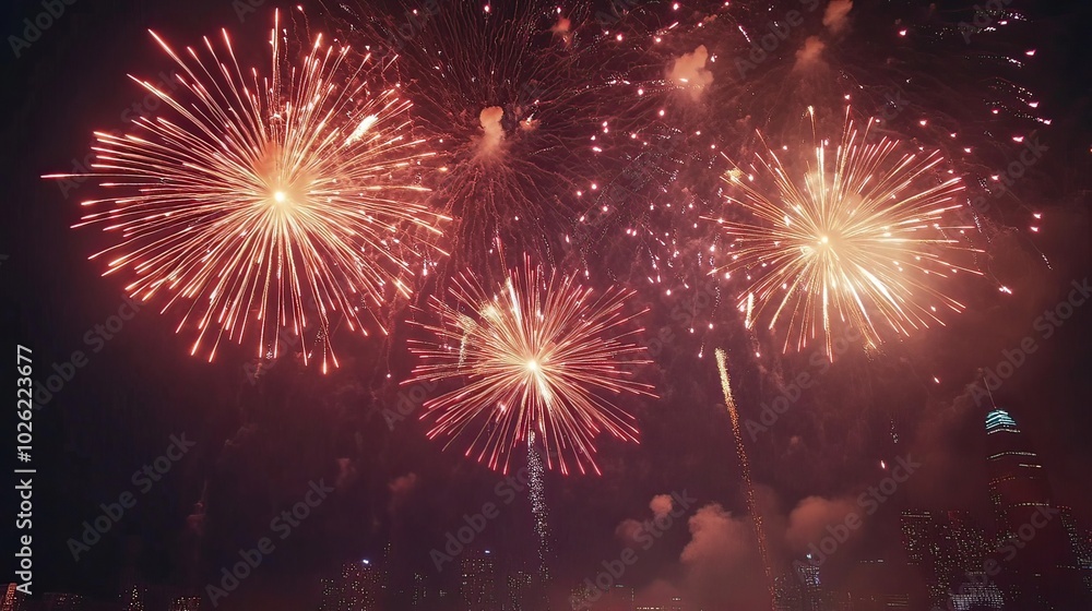 Fireworks lighting up the night sky over a festive city celebration. Fireworks lighting up the night sky over a festive city celebration.