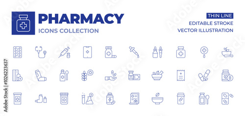 Pharmacy icons collection. Thin Line icons, editable stroke. pills, pill, herbal, pharmacy, inhaler, syrup, drugs, supplement, money, medical prescription, mortar