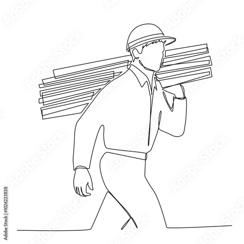 One continuous line drawing of young lumberjack wearing uniform, helmet and glove while carrying woods stack. one line art.