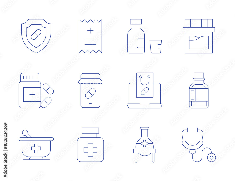 Pharmacy icons. Thin Line style, editable stroke. syrup, buy online, flask, medication, shield, drug, mortar, bill, online pharmacy, drugs, stethoscope Pharmacy icons. Thin Line style, editable stroke. syrup, buy online, flask, medication, shield, drug, mortar, bill, online pharmacy, drugs, stethoscope