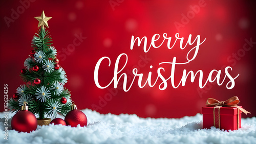 Christmas holiday background with white Handwriting thin Letters Merry Christmas over red Christmas red blurred background with small snow Christmas tree and balls
