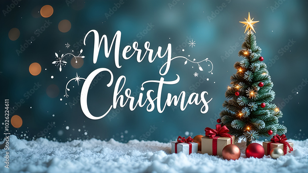 Christmas holiday background with white Handwriting thin Letters Merry Christmas over red Christmas blue blurred background with small snow Christmas tree and balls