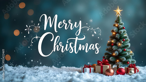 Obraz na płótnie Christmas holiday background with white Handwriting thin Letters Merry Christmas over red Christmas blue blurred background with small snow Christmas tree and balls w salonie