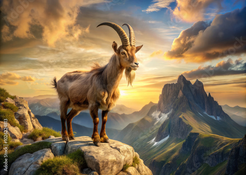 Majestic goat with impressive horns stands atop rocky mountain, overlooking breathtaking sunset. vibrant colors of sky enhance serene landscape, creating peaceful atmosphere