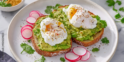 Delicious avocado toast topped with poached eggs and garnished with radishes and herbs on a white plate.